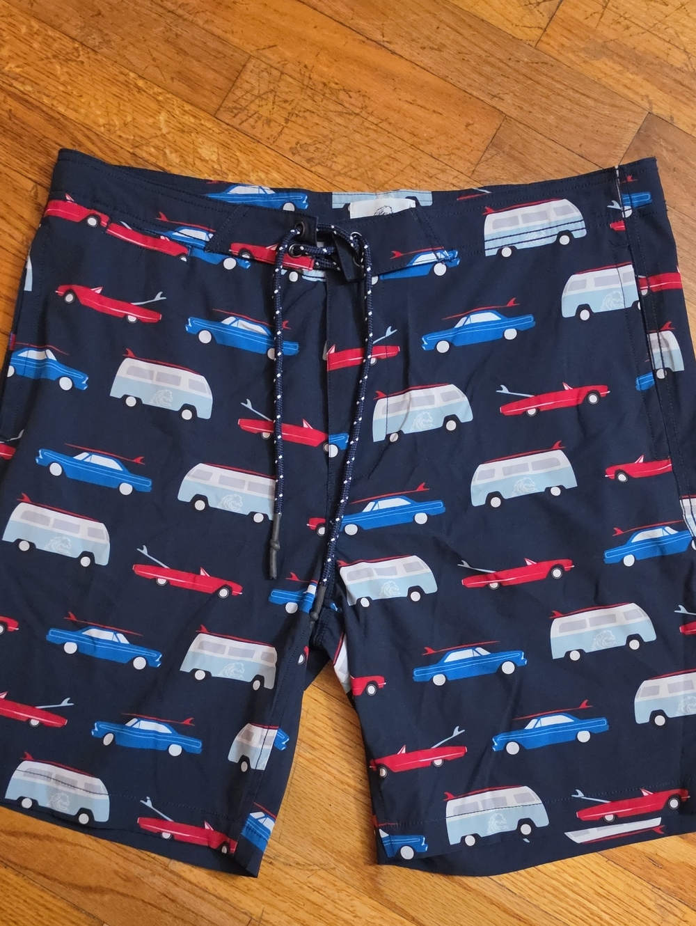 Surfside Supply Men's Navy Board Shorts with Red & Blue Car Print